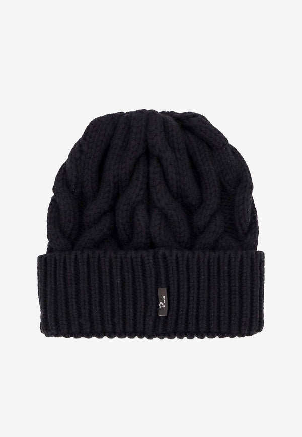 Moncler Grenoble Logo Patch Cable Knit Wool Beanie Black 0983B00003M1172_999