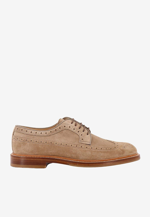 Brunello Cucinelli Longwing Suede Brogue Shoes Beige MZUPEAU763_C8051