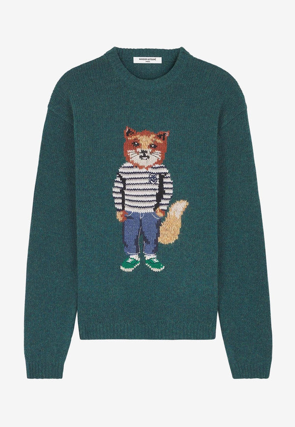 Maison Kitsuné Intarsia Knit Foxy Wool Sweater Green NM00809KH0002_P379