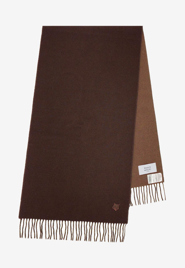 Maison Kitsuné Fox Head Patch Wool Fringed Scarf Brown NM06201WA0018_P296