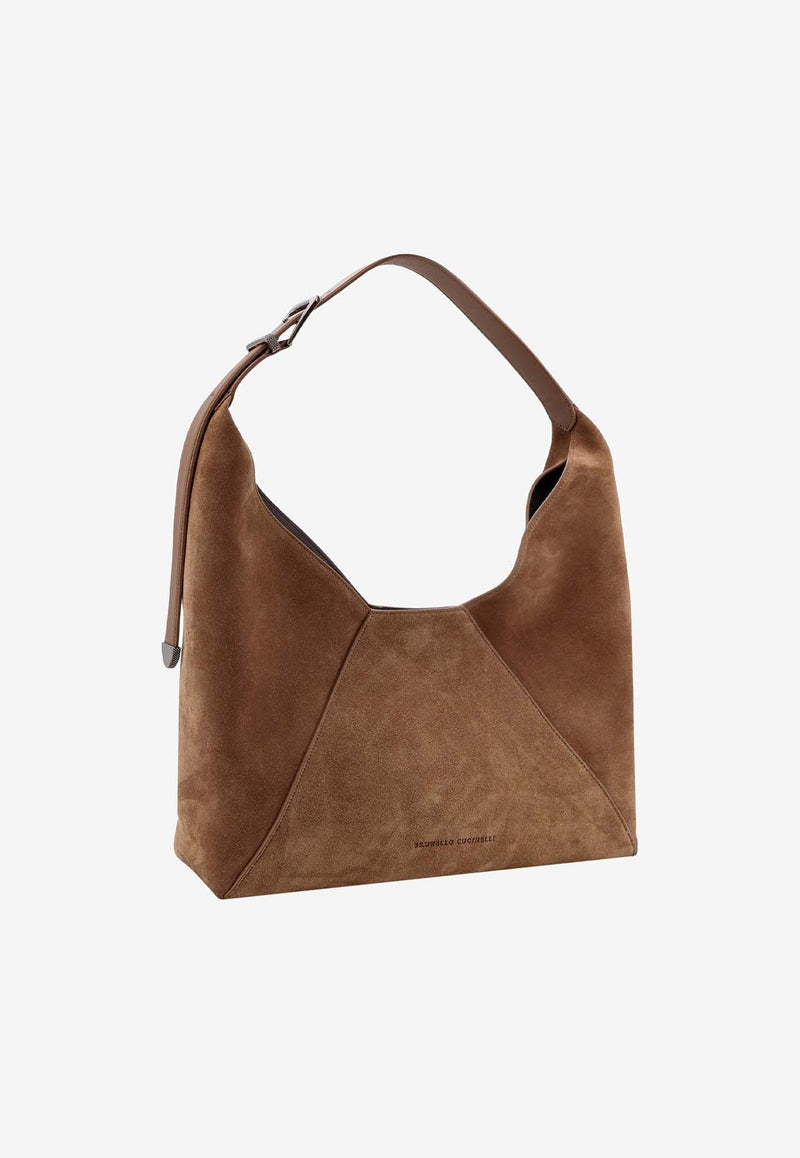 Brunello Cucinelli Logo Suede Hobo Bag Brown MBHID3678_C7275