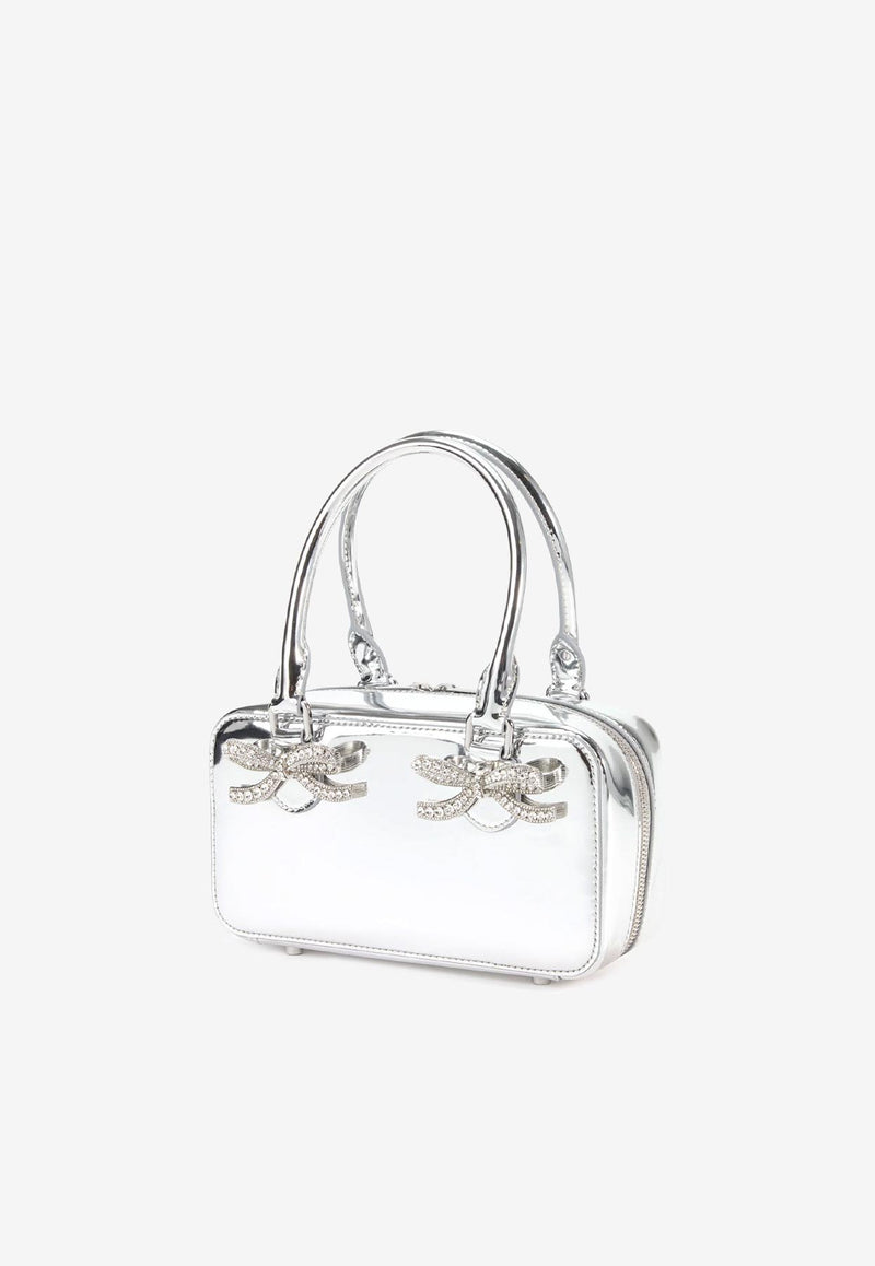 Self-Portrait Mini Crystal Bow Metallic Leather Handbag Silver RS25301SL_SILVER