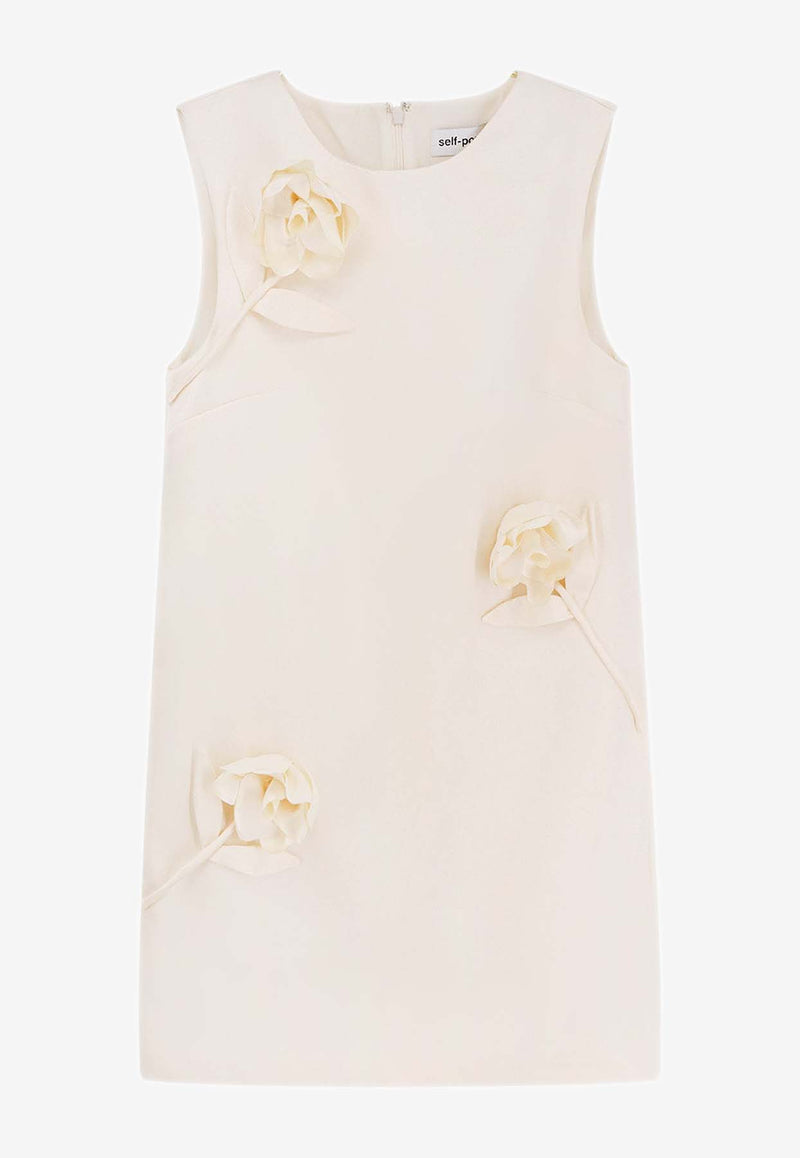 Self-Portrait 3D Flower Applique Satin Mini Dress Cream RS25970SC_CREAM