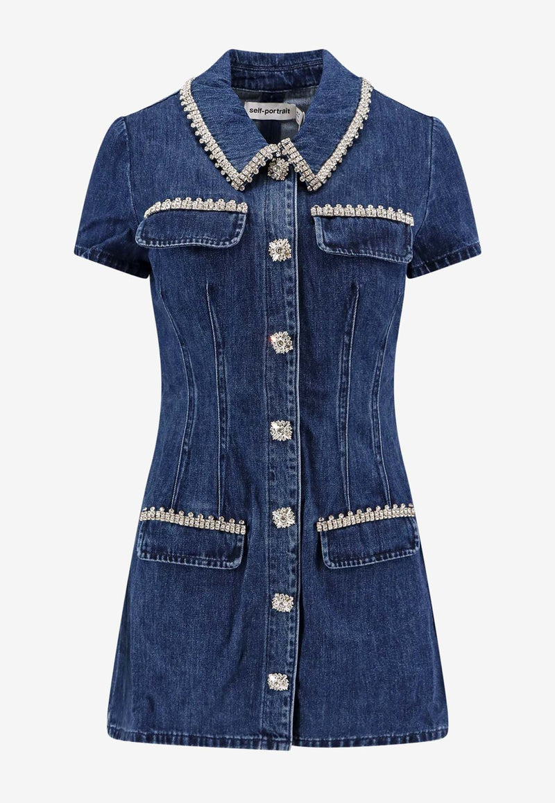 Self-Portrait Crystal Embellished Mini Denim Dress Blue SS24921SBL_BLUE