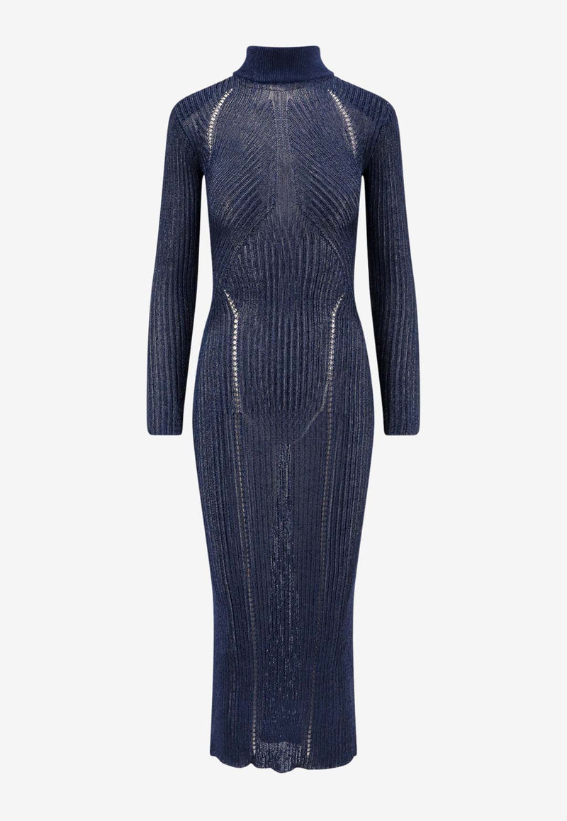 Self-Portrait Ribbed Lurex Knit Turtleneck Maxi Dress Navy RS25124XBL_BLUE