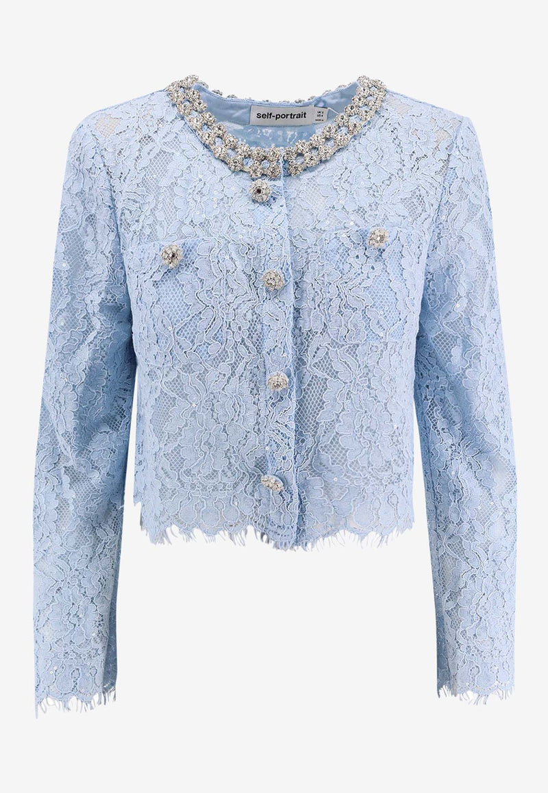 Self-Portrait Rhinestone Embellished Floral Lace Top Light Blue RS25053TBL_BLUE