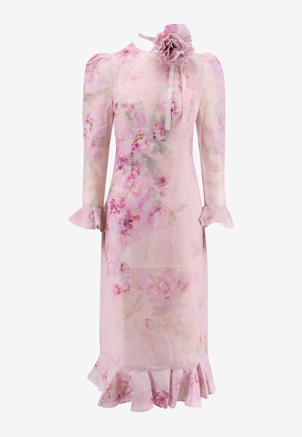 Zimmermann Floral-Print Linen and Silk Midi Dress Pink 2337DR251_PIF