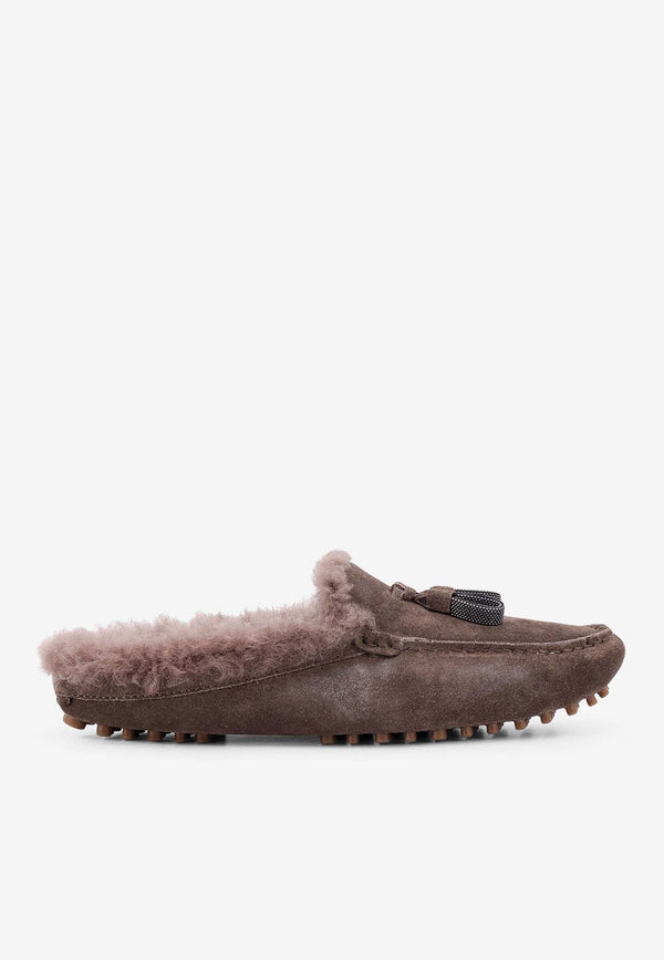 Brunello Cucinelli Suede Shearling Flat Mules Brown MZSFG2803_C8769