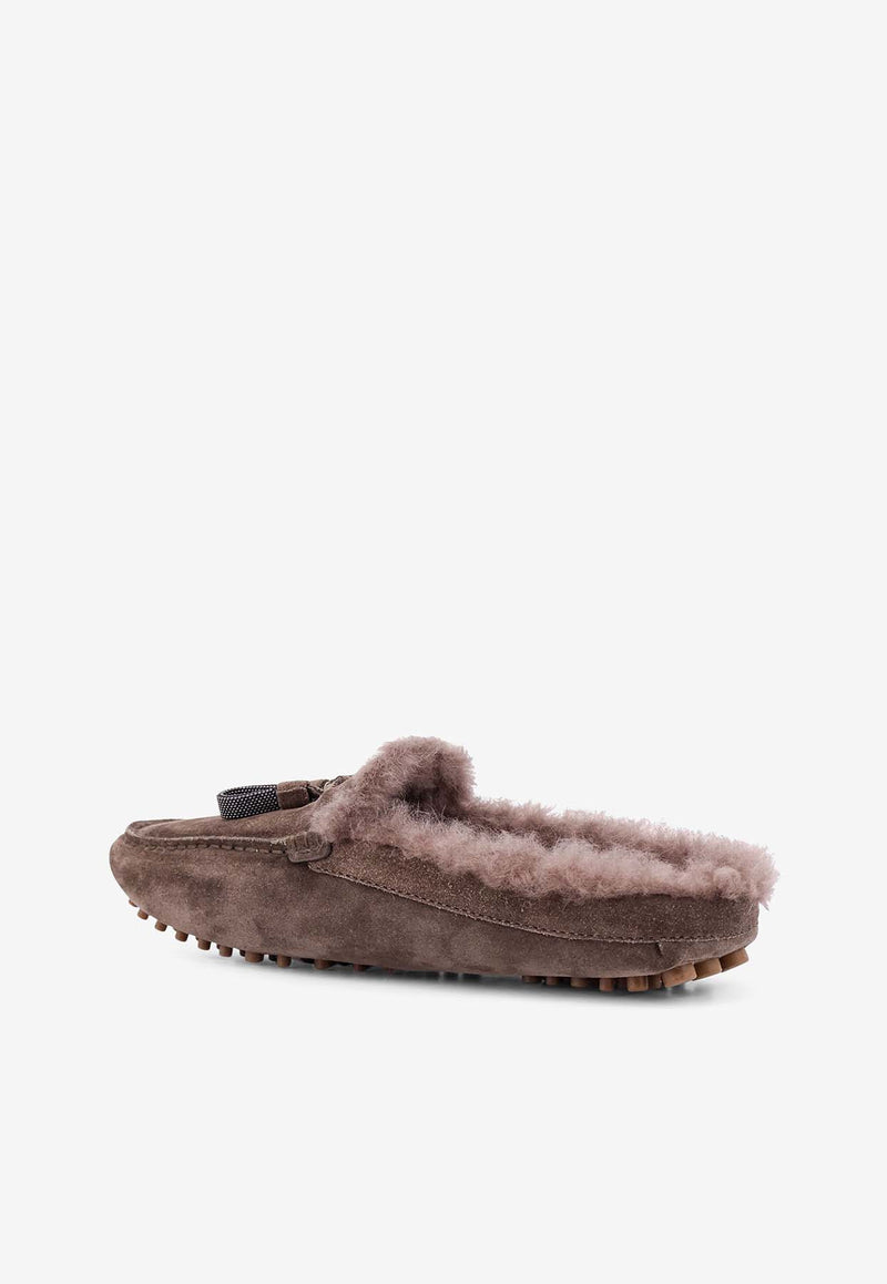 Brunello Cucinelli Suede Shearling Flat Mules Brown MZSFG2803_C8769