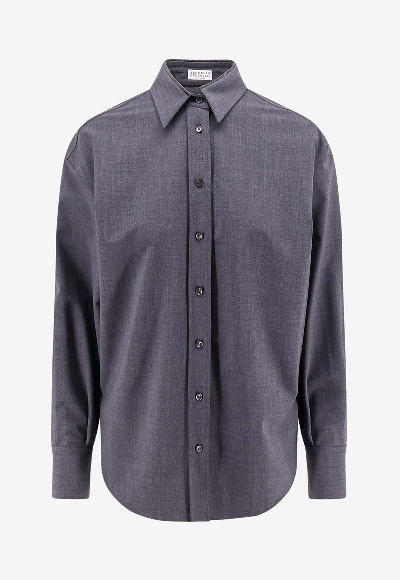 Brunello Cucinelli Embellished Monili Long-Sleeved Wool Shirt Gray M0W07MK916_C4078