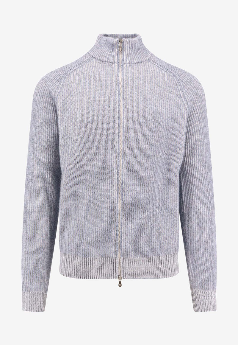 Brunello Cucinelli Ribbed Cashmere Zip Cardigan Blue M22700506_CNW83