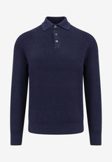 Brunello Cucinelli Ribbed Knit Long-Sleeved Polo Sweater Blue M29400105_CW425