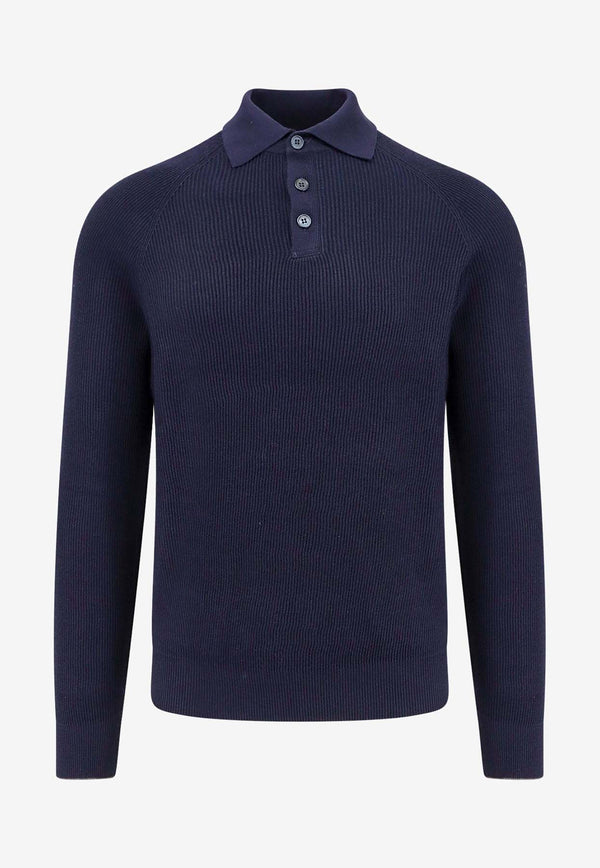 Brunello Cucinelli Ribbed Knit Long-Sleeved Polo Sweater Blue M29400105_CW425