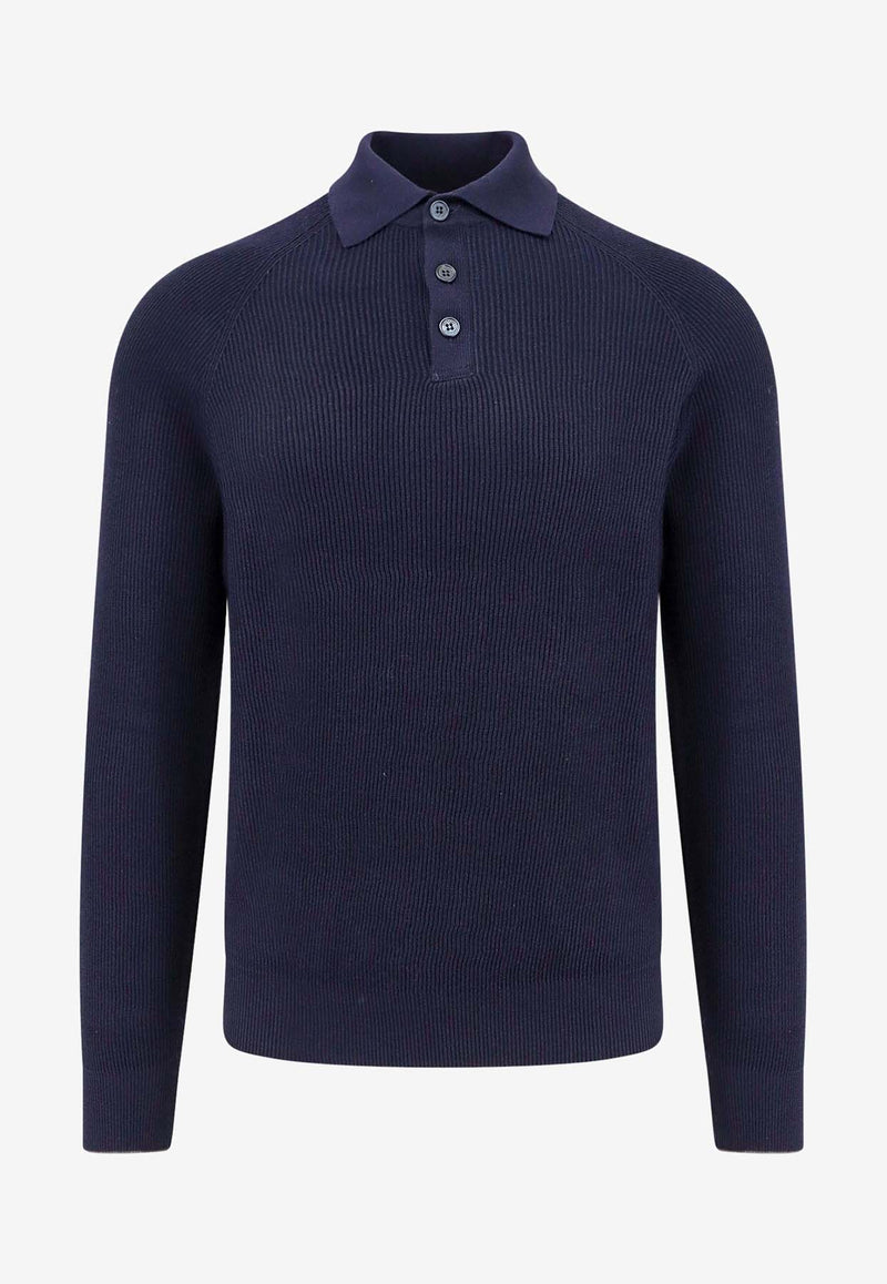 Brunello Cucinelli Ribbed Knit Long-Sleeved Polo Sweater Blue M29400105_CW425