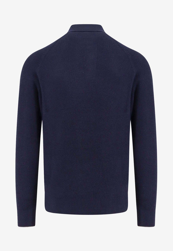 Brunello Cucinelli Ribbed Knit Long-Sleeved Polo Sweater Blue M29400105_CW425