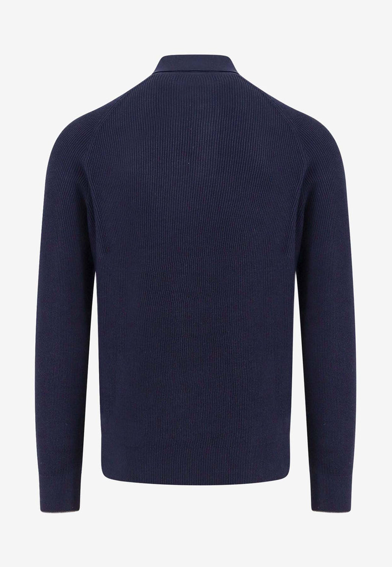 Brunello Cucinelli Ribbed Knit Long-Sleeved Polo Sweater Blue M29400105_CW425