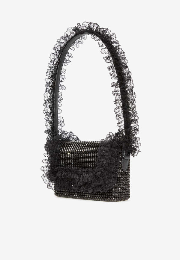 Self-Portrait Lace-Trimmed Sequined  Shoulder Bag Black CK301B_BLACK