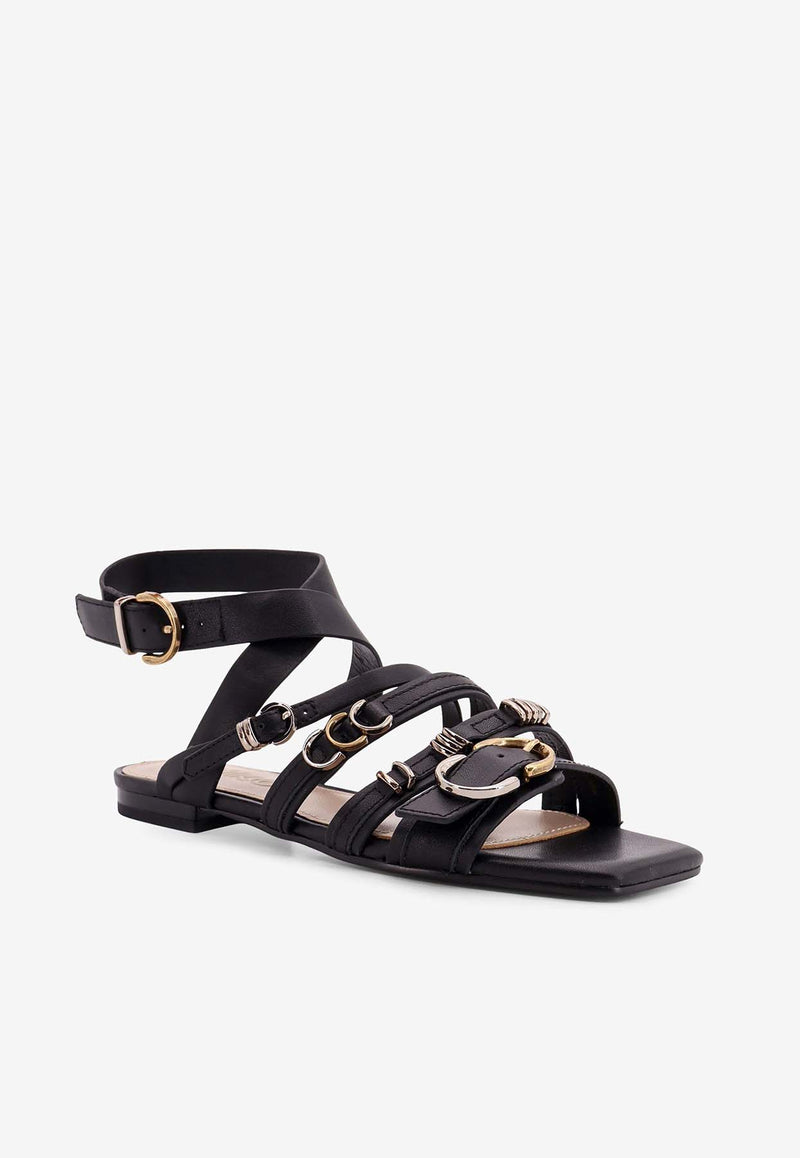 PINKO Marli 08 Leather Flat Sandals Black SD0317P001_Z99