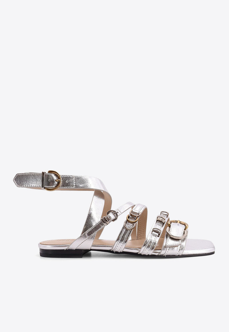 PINKO Marli Laminated Leather Flat Sandals Silver SD0317P049_ZZF