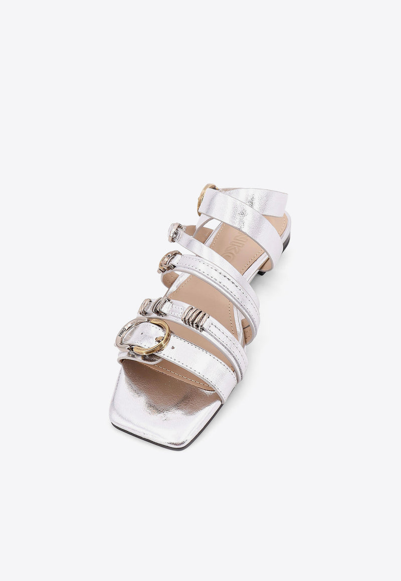 PINKO Marli Laminated Leather Flat Sandals Silver SD0317P049_ZZF