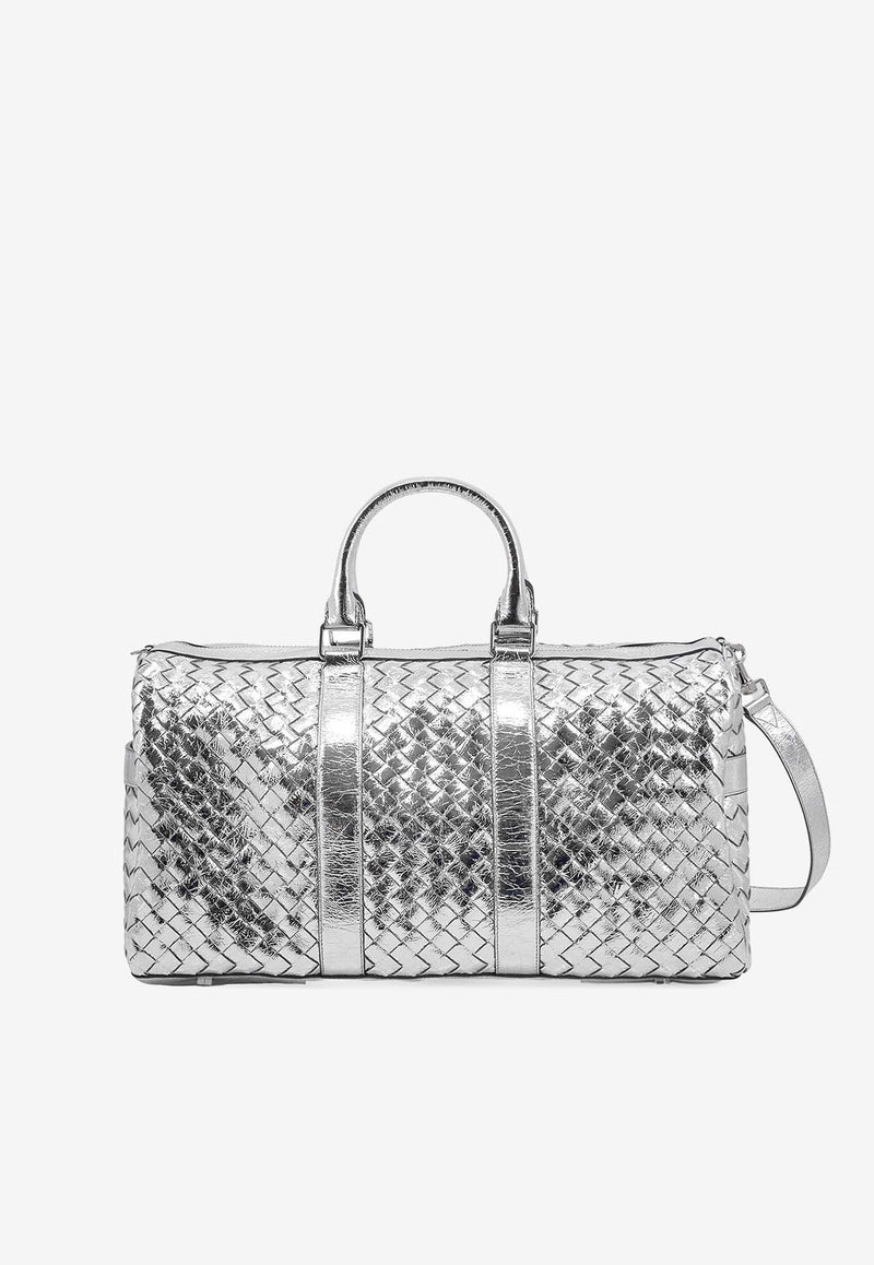 Bottega Veneta Intrecciato Leather Metallic Duffel Bag Silver 650066V2WQ1_8101