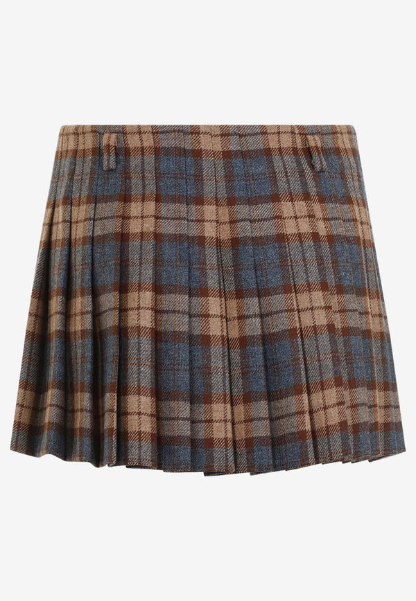 Pleated Checked Mini Skirt in Wool
