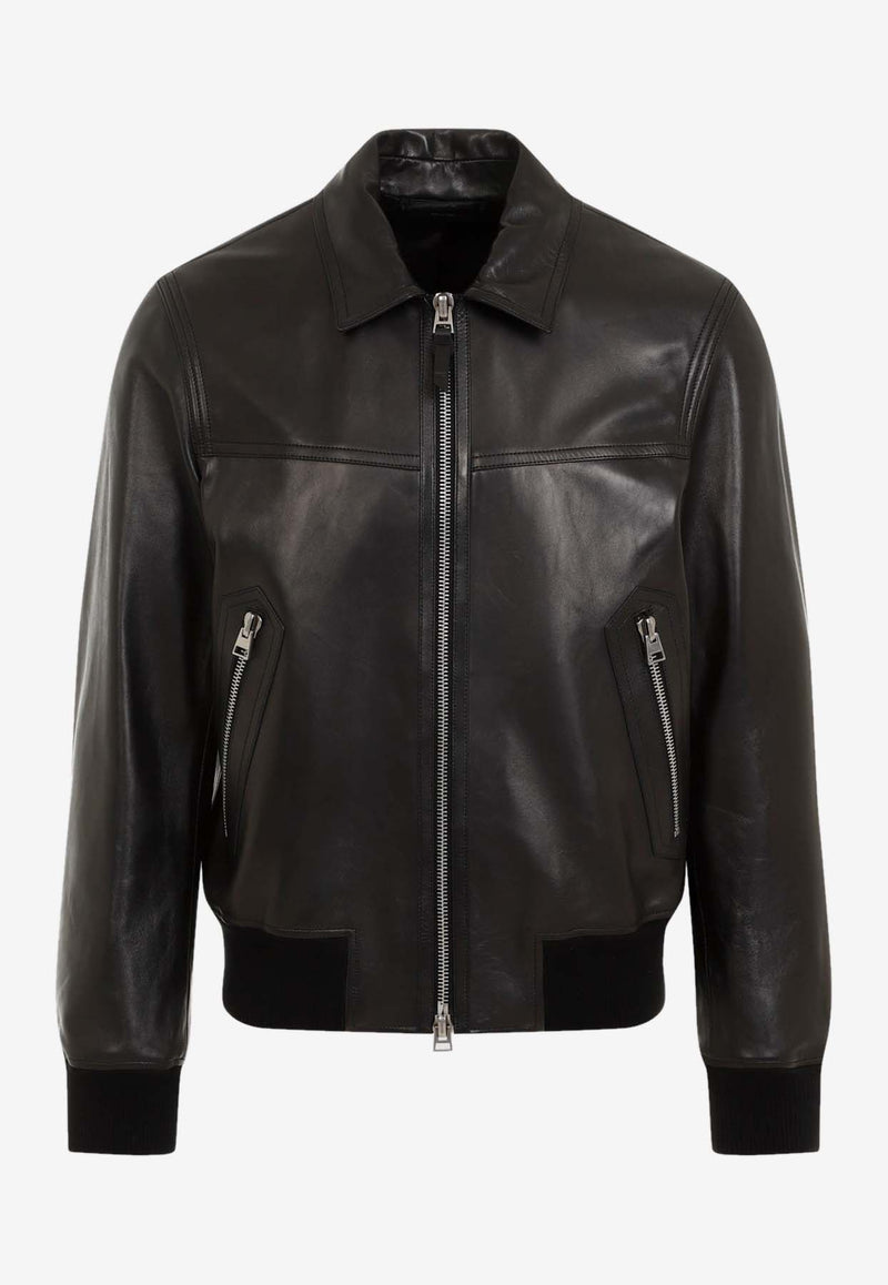 Zip-Up Leather Bomber Jacket