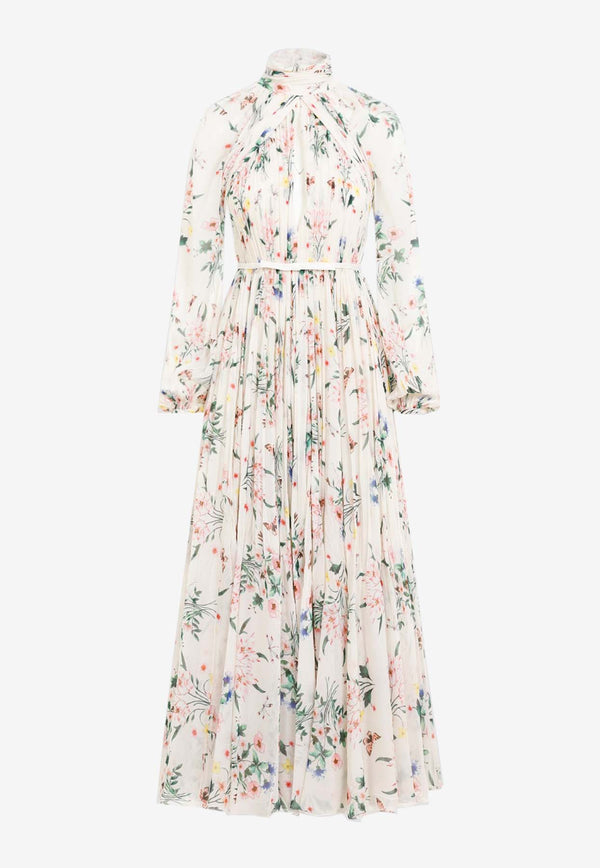 Botanical Print Silk Maxi Dress