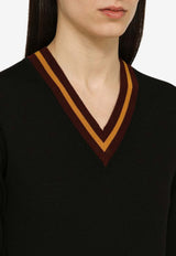 Dries Van Noten V-neck Sweater in Merino Wool 0112018700/O_DRVNO-900 Black