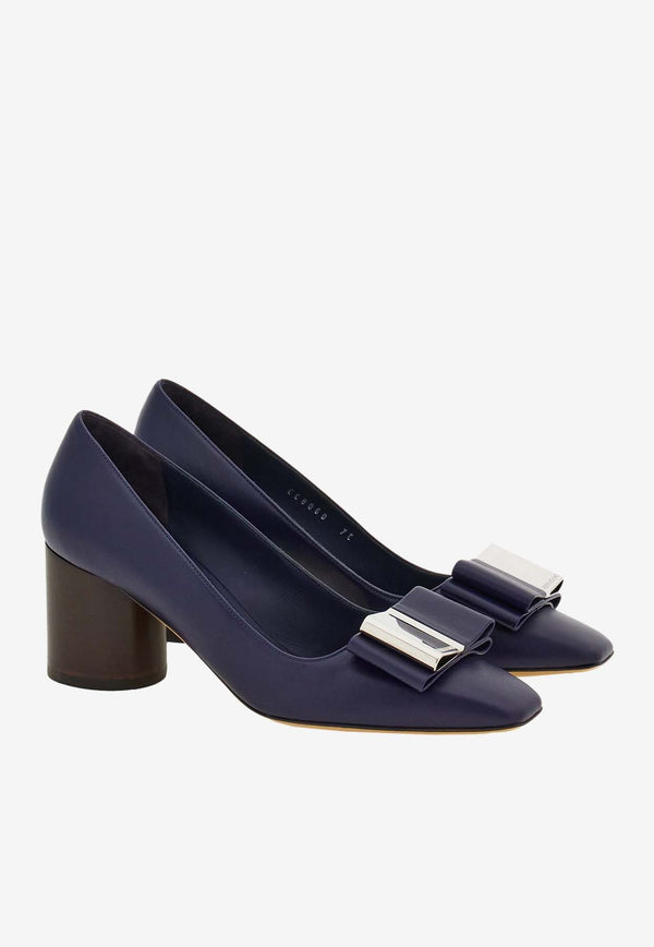 Salvatore Ferragamo Lena 60 Double-Bow Nappa Leather Pumps Midnight Blue 01F619 LENA 60 774804 MIDNIGHT