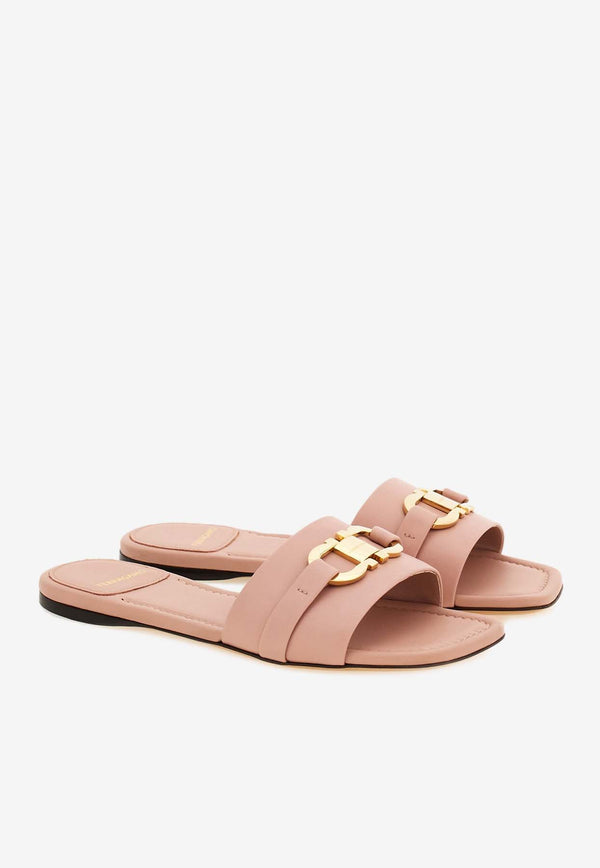 Salvatore Ferragamo Leah Gancini Flat Sandals in Calf Leather Pink 01G997 LEAH 775067 ROSE