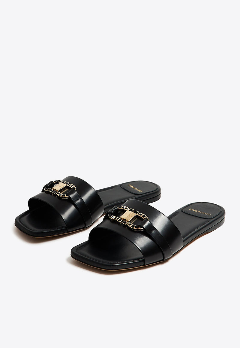 Salvatore Ferragamo Leah Gancini Leather Slides 01I023 LEAH CR 772388 NERO Black