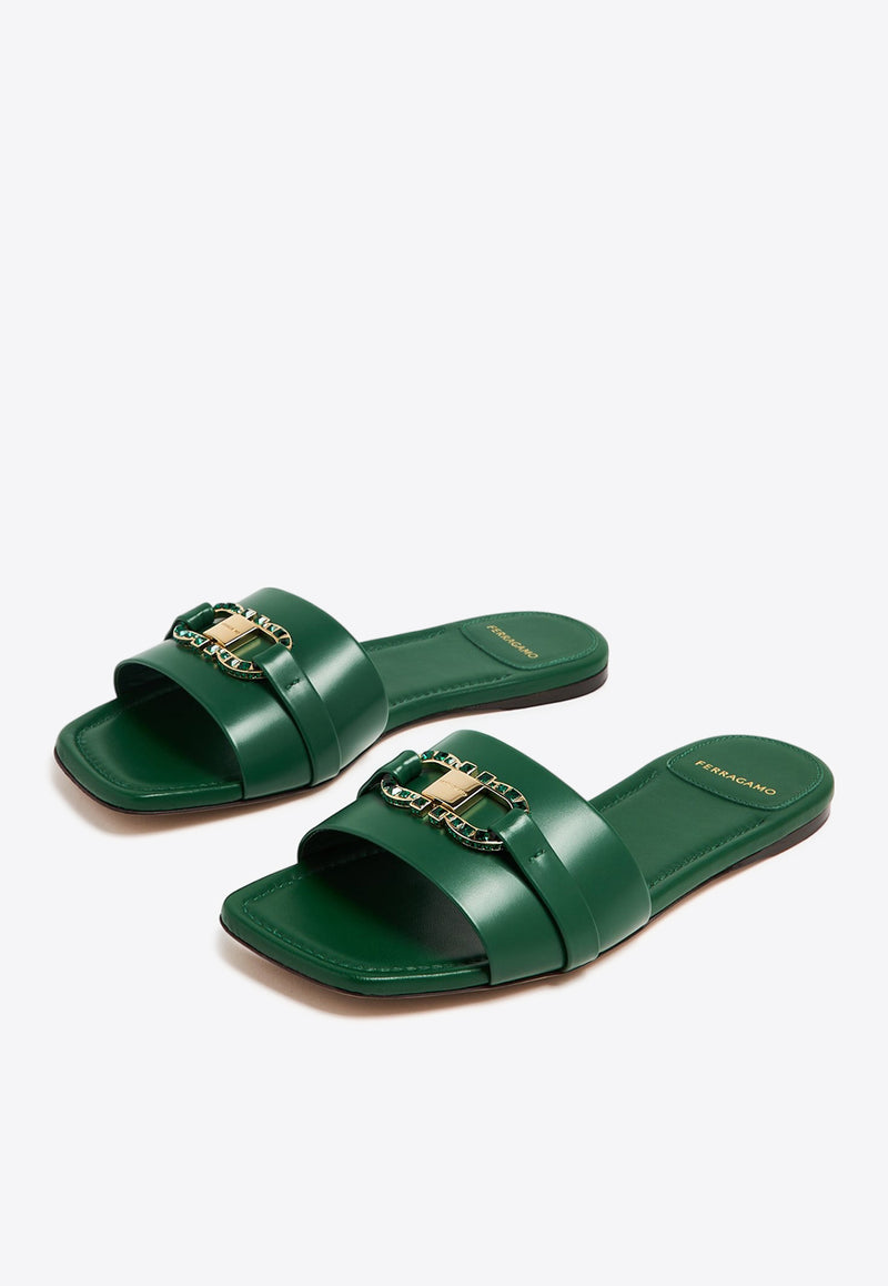 Salvatore Ferragamo Leah Gancini Leather Slides 01I023 LEAH CR 772389 DARK FOREST GREEN Green