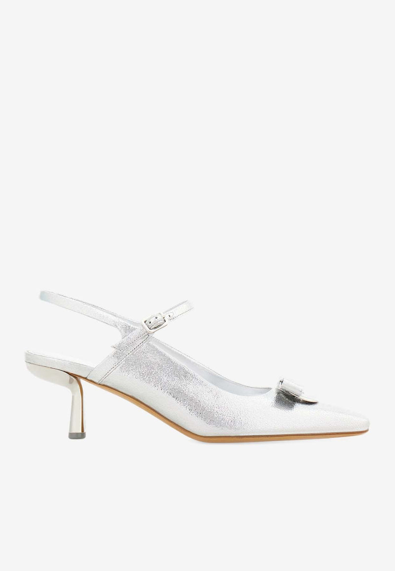 Salvatore Ferragamo Ophelia 55 Drop Bow Metallic Leather Sandals Silver 01I838 OPHELIA 55 M 776683 ARGENTO/BIANCO