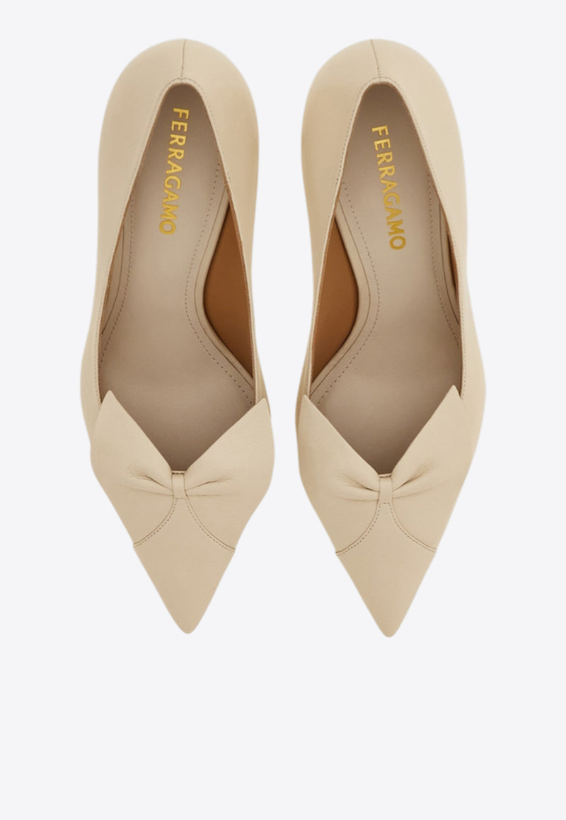Ferragamo Gwen 70 Soft Bow Nappa Leather Pumps Cream 01K026 GWEN 70 784999 MASCARPONE