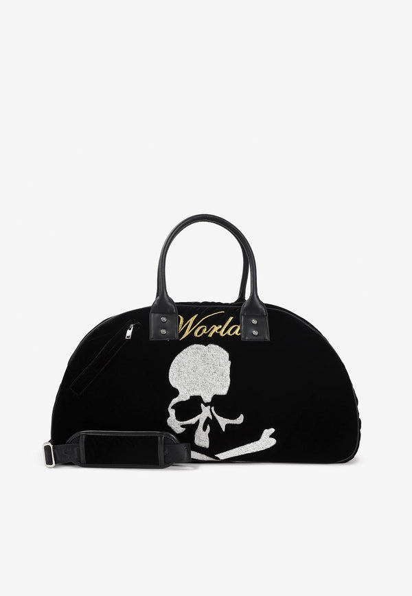 Skull Embroidered Velvet Duffle Bag