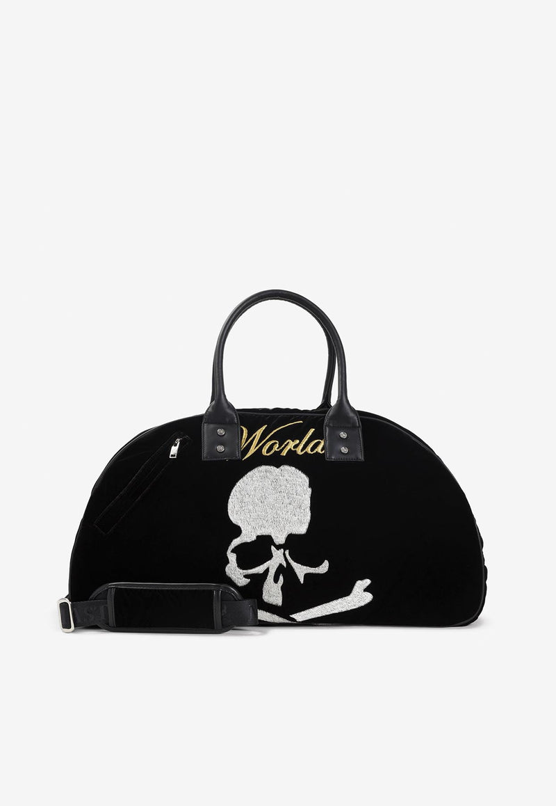 Skull Embroidered Velvet Duffle Bag