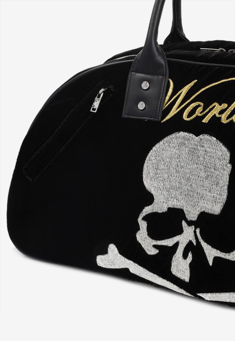 Skull Embroidered Velvet Duffle Bag