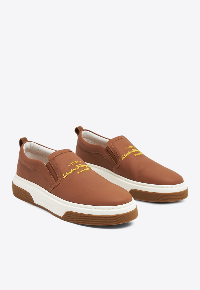 Salvatore Ferragamo Cassina Leather Slip-On Sneakers Brown 021215 CASSINA 758407 SELLA