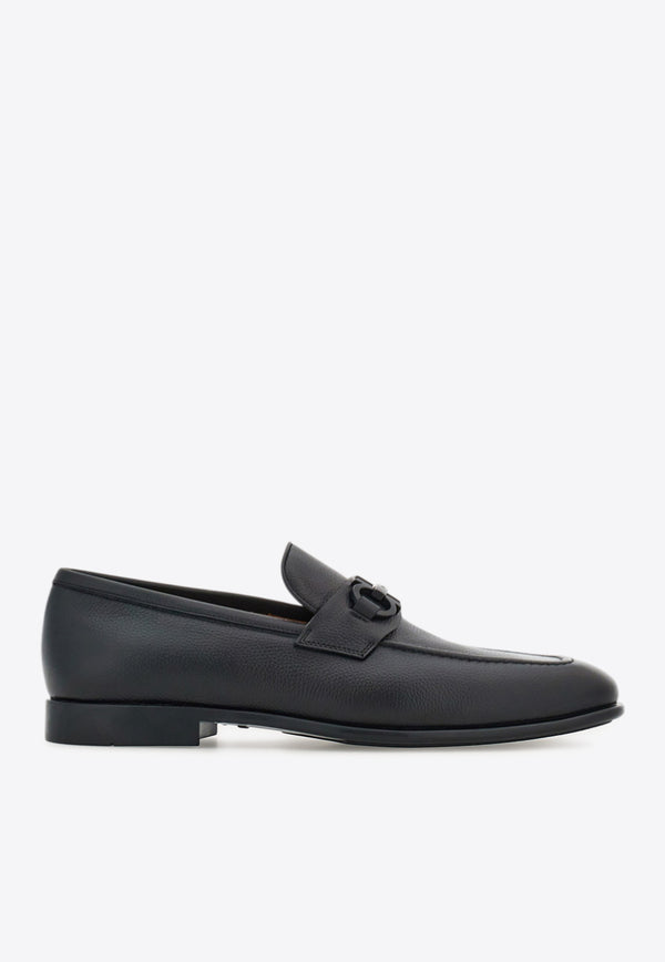 Ferragamo Foster Gancini Ornament Leather Loafers Black 021669 FOSTER 768931 BLUE GRAPHITE