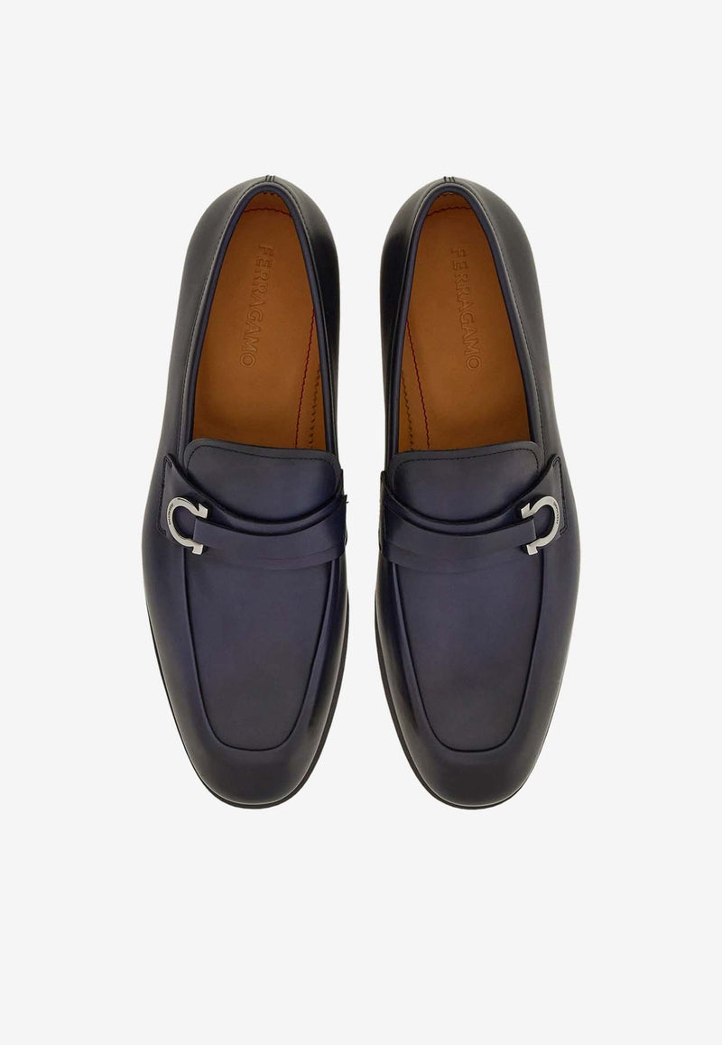 Salvatore Ferragamo Florio Gancini Leather Loafers 021688 FLORIO 774132 MIDNIGHT Blue