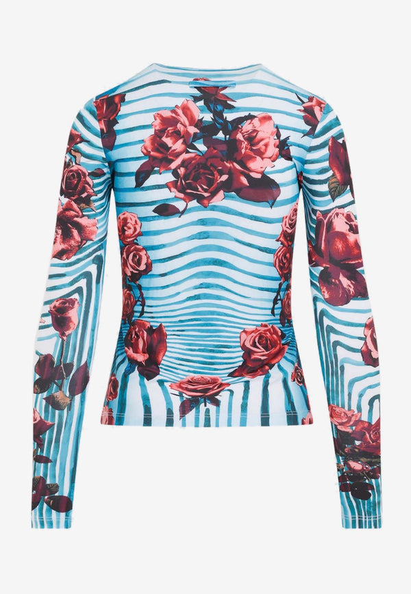 Striped Floral Long-Sleeved Mesh Top