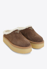 Triangle Logo Suede Flatform Mules