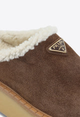 Triangle Logo Suede Flatform Mules