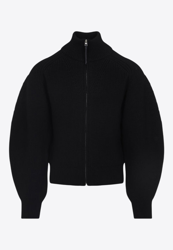 Balloon-Sleeved Zip-Up Cardigan