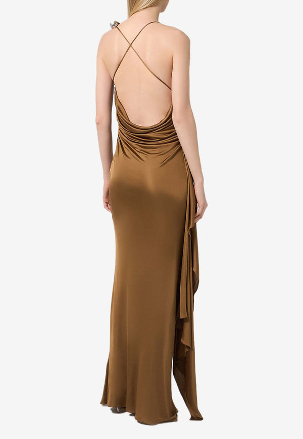 Guiseppe Di Morabito Draped Satin Maxi Dress Brown 03PFLD12003315CAMEL