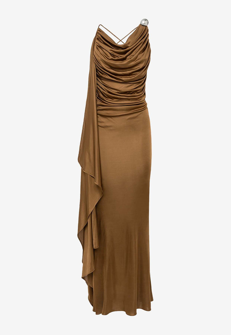 Guiseppe Di Morabito Draped Satin Maxi Dress Brown 03PFLD12003315CAMEL