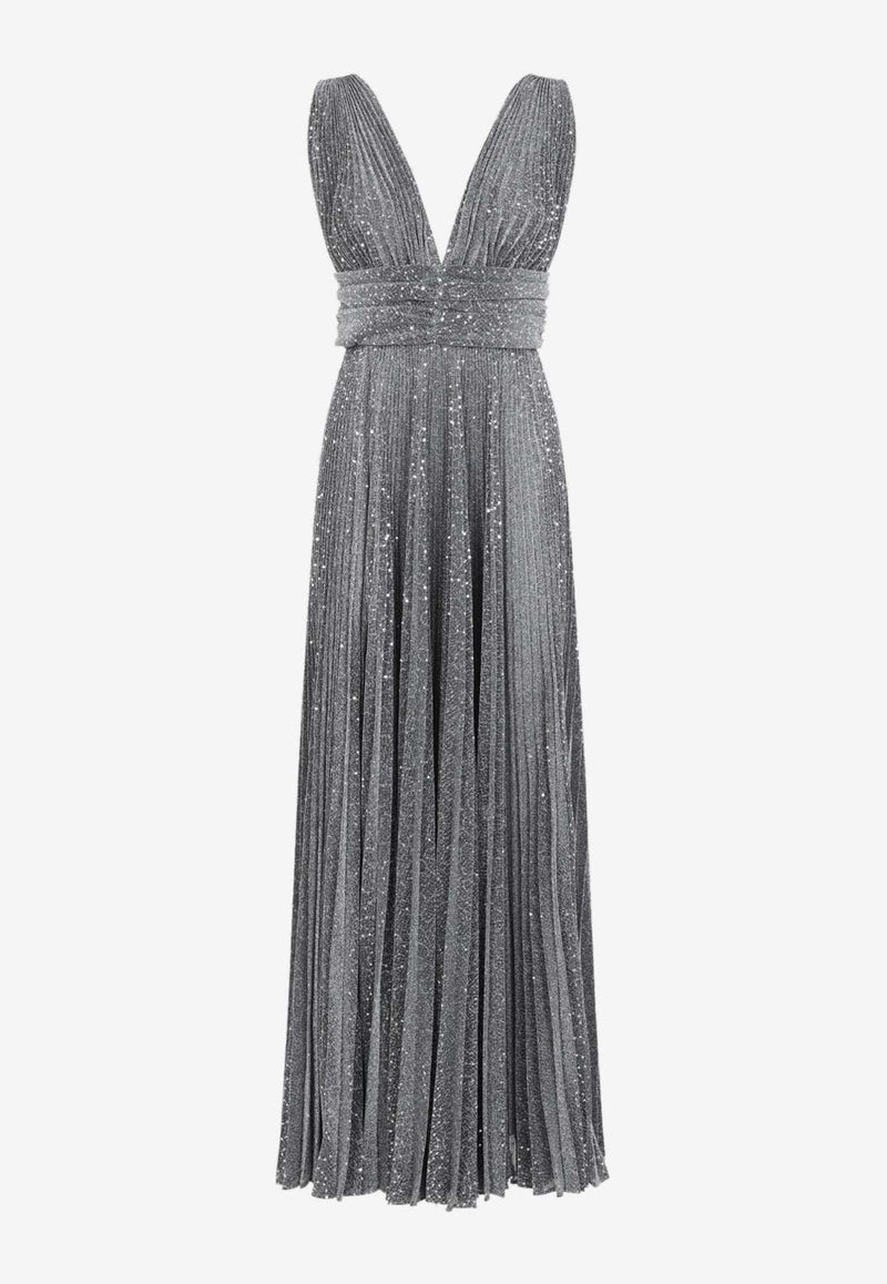 Sequin-Embellished Pleated Maxi Dress