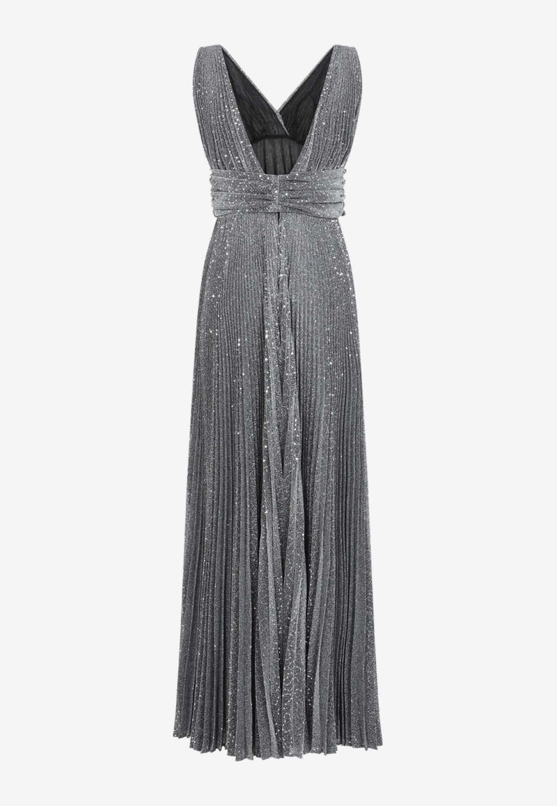 Sequin-Embellished Pleated Maxi Dress