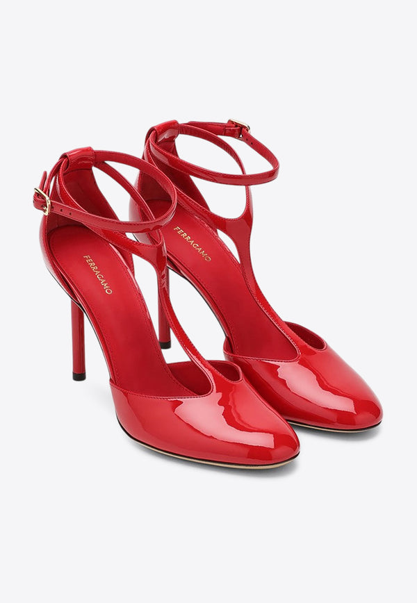 Salvatore Ferragamo Lysandra 95 T-strap Pumps in Patent Leather Red 07772101CLE/P_FERRA-FR